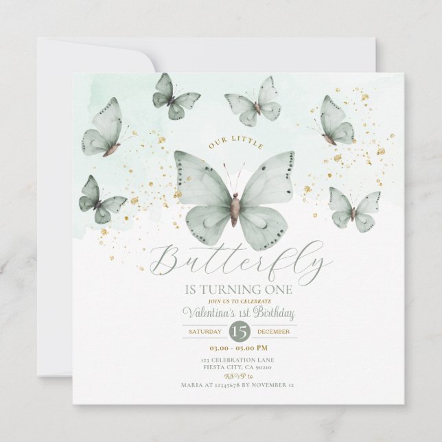 Sage Green Our Little Butterfly is turning one Invitation (Front)