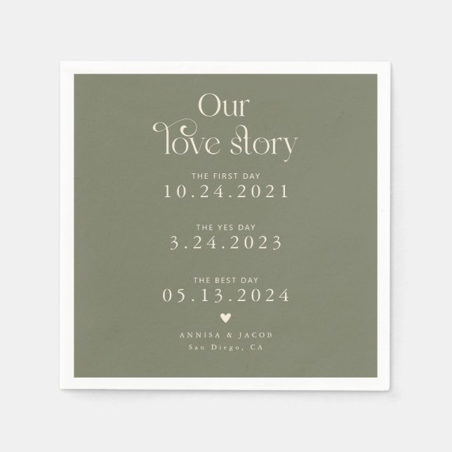 Sage Green Our Love Story Retro Wedding Napkin (Front)