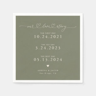 Sage Green Our Love Story Script Hearts Wedding Napkin
