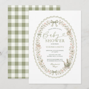 Sage Green Oval Bow Gingham Baby Shower Invitation