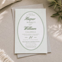 Sage Green Oval Frame Striped Wedding Invitation