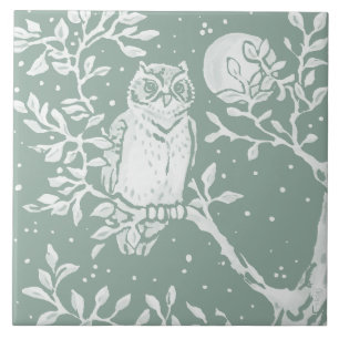 Sage Green Owl in Tree Night Moon Scene Tile