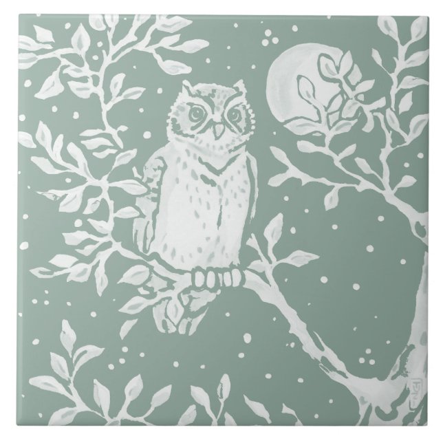 Sage Green Owl in Tree Night Moon Scene Tile (Front)