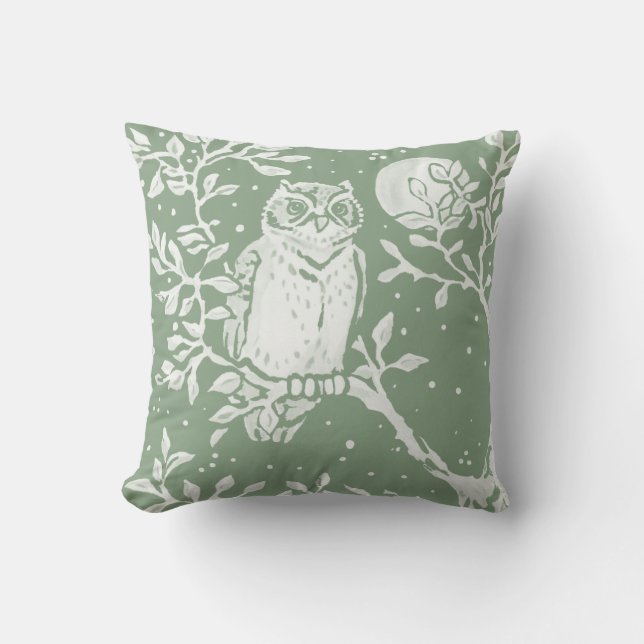 Sage Green Owl Woodland Moon Nature Throw Pillow (Front)