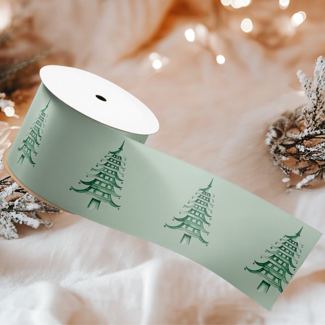 Sage green Pagoda Christmas Tree  Satin Ribbon (Sage green Pagoda Christmas Tree Satin Ribbon)