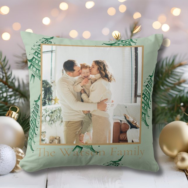 Sage green Pagoda Merry Christmas Tree 1-Photo  Cushion (Sage green Pagoda Merry Christmas Tree 1-Photo Throw Pillow)