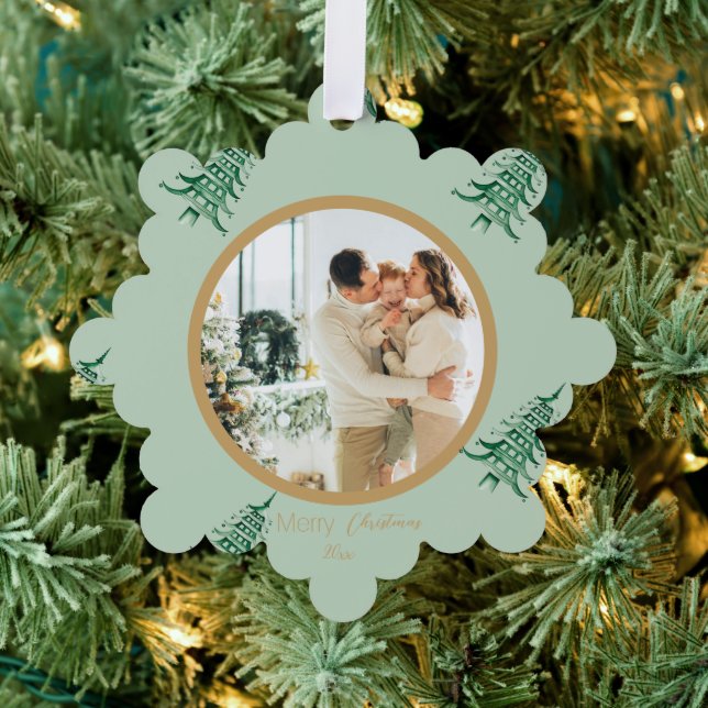 Sage Green Pagoda Merry Christmas Tree 2-Photo Tree Decoration Card (Insitu (Tree))
