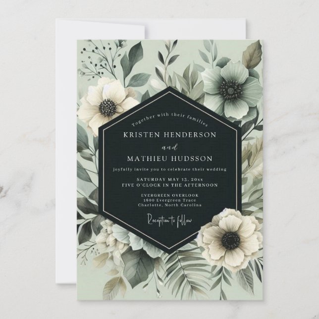 Sage Green Painterly Blossom Wedding Invitation (Front)
