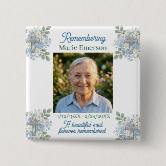 Sage Green Pale Blue Floral Cross | Photo Memorial 15 Cm Square Badge