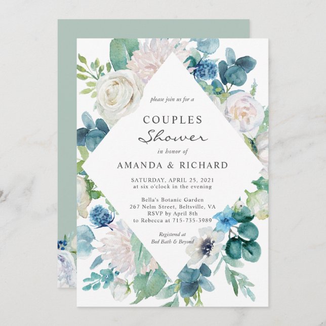 Sage Green Pale Blue White Floral Couples Shower Invitation (Front/Back)