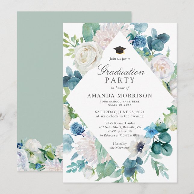 Sage Green Pale Blue White Floral Graduation Party Invitation (Front/Back)