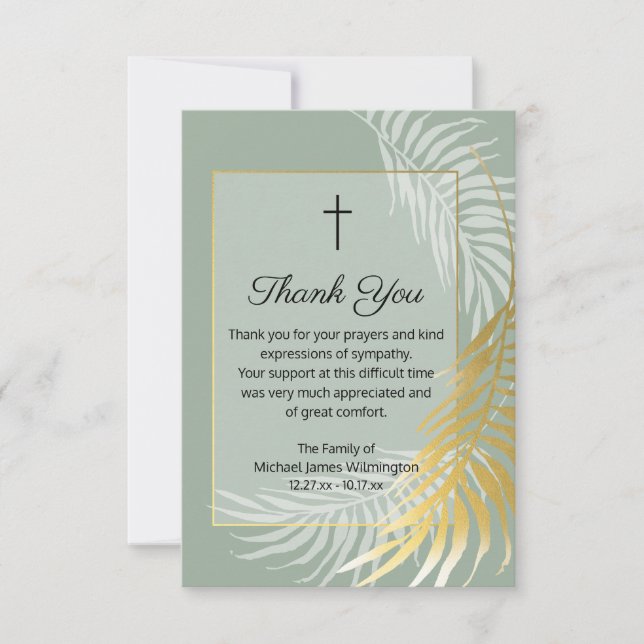 Sage Green Palm Tree Funeral Thank You Note Card (Front)