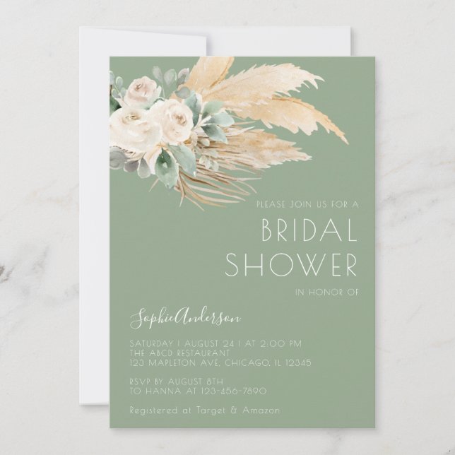 Sage Green Pampas Grass Boho Bridal Shower Invitation (Front)