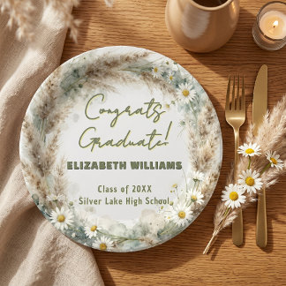 Sage Green Pampas Grass Daisy Boho Graduation Paper Plate