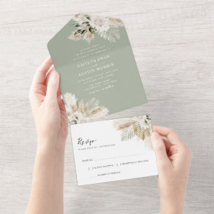 Sage green pampas grass watercolor floral wedding all in one invitation
