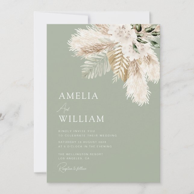 sage green pampas grass wedding  invitation (Front)