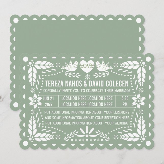 Sage green papel picado love birds fiesta wedding invitation (Front/Back)