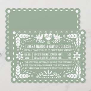Sage green papel picado love birds fiesta wedding invitation