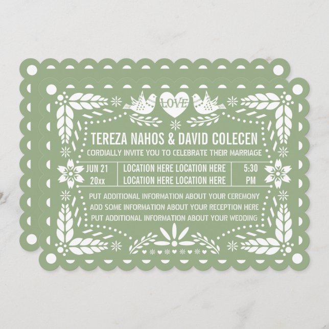 Sage green papel picado love birds fiesta wedding  invitation (Front/Back)