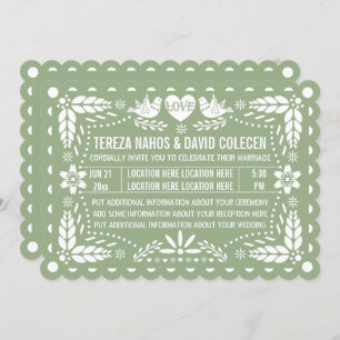 Sage green papel picado love birds fiesta wedding  invitation
