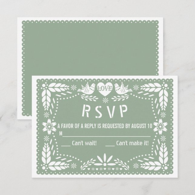 Sage green papel picado love birds flowers wedding RSVP card (Front/Back)