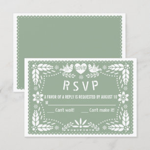 Sage green papel picado love birds flowers wedding RSVP card