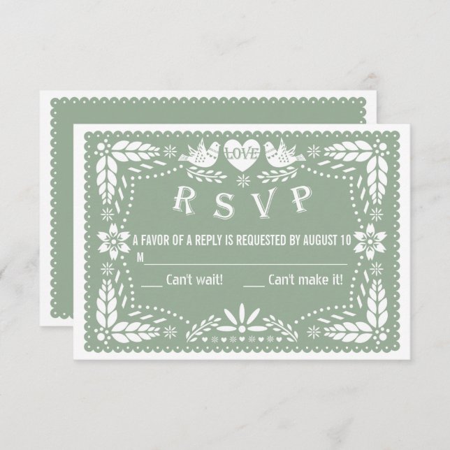 Sage green papel picado love birds flowers wedding RSVP card (Front/Back)
