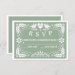 Sage green papel picado love birds flowers wedding RSVP card
