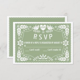 Sage green papel picado love birds flowers wedding RSVP card