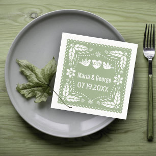 Sage green papel picado love birds wedding napkin