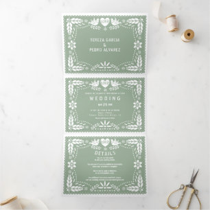 Sage green papel picado love birds wedding Tri-Fold invitation
