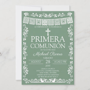 Sage Green Papel Picado Primera Comunión Invitation