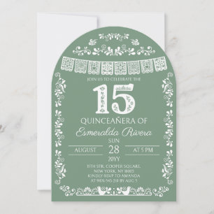 Sage Green Papel Picado Quinceañera 15th Birthday Invitation