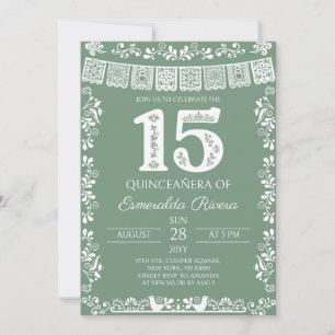 Sage Green Papel Picado Quinceañera 15th Birthday Invitation