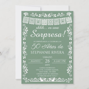 Sage Green Papel Picado Surprise 50th Birthday Invitation
