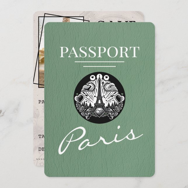 Sage Green Paris Passport Save The Date (Front/Back)