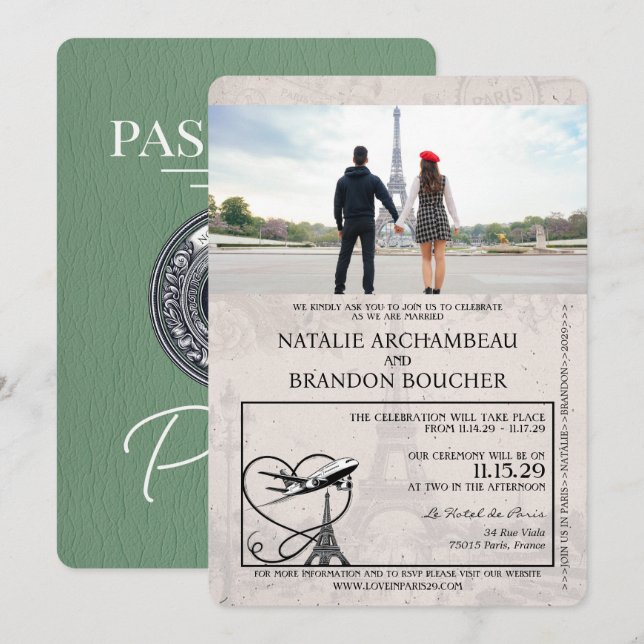 Sage Green Paris Passport Wedding Invitation (Front/Back)