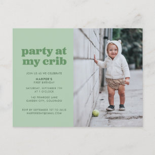 Sage Green Party at My Crib 1st Birthday Party Inv Postcard