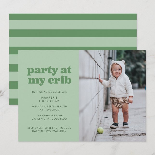 Sage Green Party at My Crib 1st Birthday Party Invitation (Front/Back)