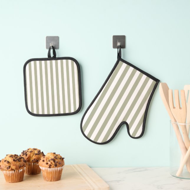 Sage Green Pastel Colour Stripes Line Oven Mitt & Pot Holder Set (Insitu(Hanging))
