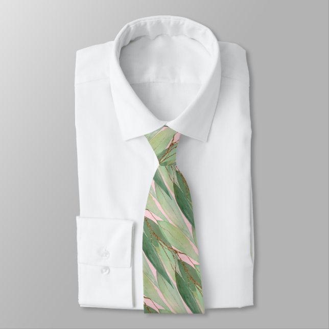 SAGE GREEN PASTEL PINK BOTANICAL EUCALYPTUS TIE (Tied)