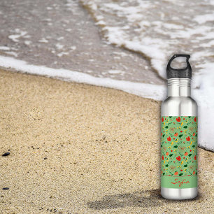 Sage green pattern wildflowers red poppy 710 ml water bottle