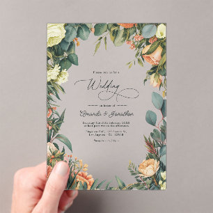 Sage Green, Peach, and Cream Floral Wedding Acrylic Invitations