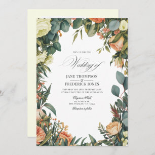 Sage Green, Peach, and Cream Floral Wedding Invitation