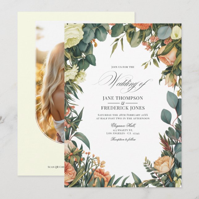 Sage Green, Peach, and Cream Floral Wedding Invitation (Front/Back)