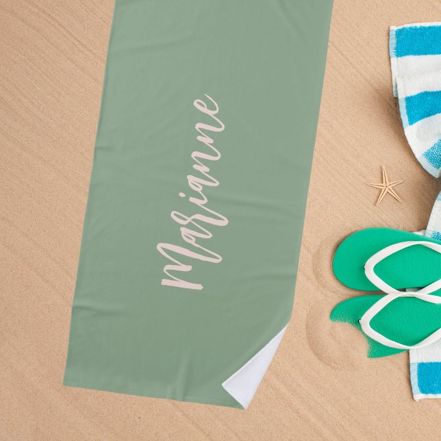 Sage green peach custom name script beach towel (Creator Uploaded)