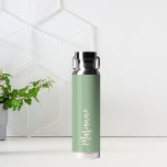 Sage green peach custom name script water bottle<br><div class="desc">A sage green background.  Personalise and add your name.   Peach coloured handwritten style script.</div>