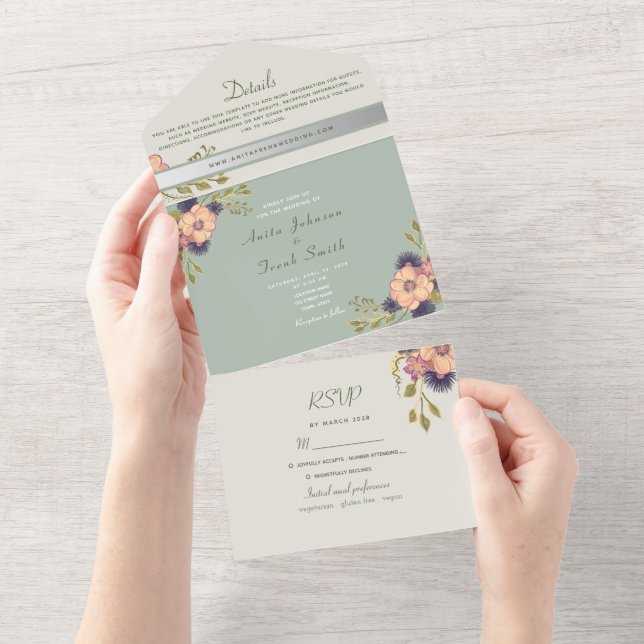 Sage Green Peach Floral Wedding All In One Invitation (Tearaway)