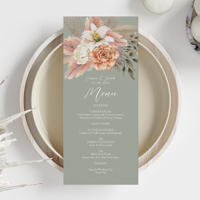 Sage Green Peach Floral Wedding Dinner Menu (Creator Uploaded)