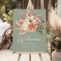 Sage Green Peach Floral Wedding Welcome Sign